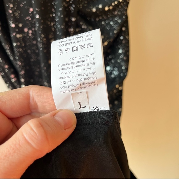 Black Sparkle Bodycon Midi Dress L Faux Wrap Gold Chain Straps, NYE Holiday Glam - Picture 8 of 10